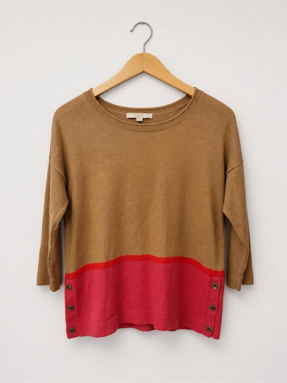 LOFT Brown Crewneck Sweater with Pink Block Hem